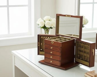 Vintage Wooden Jewelry Box | 5-Tier Drawer Armoire with Lock & Mirror