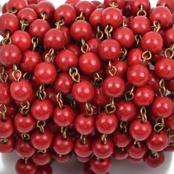 1 yard RED Howlite Rosary Chain, Howlite Bead Chain, bronze, 6mm round stone beads, bulk on spool, fch0486a