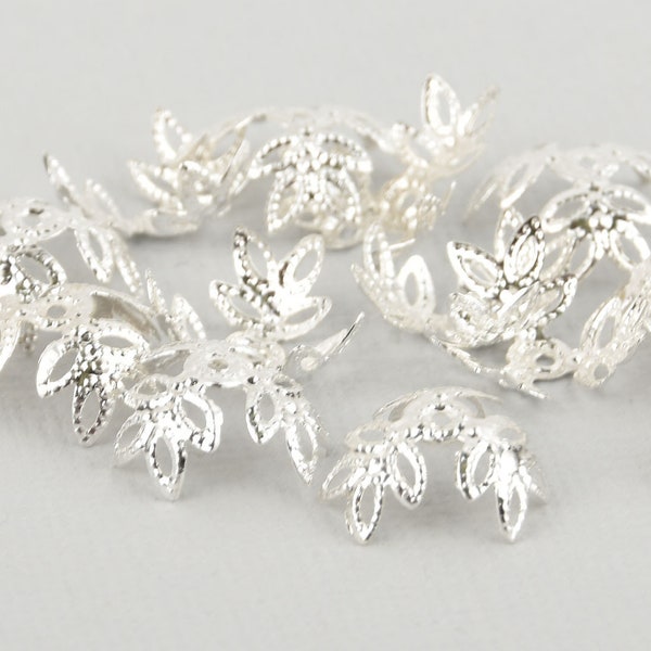 20 Silver Bead Caps, Thin Filigree Leaf Pattern 15mm fin0920