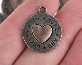 5 Gunmetal Coin Charms, Gunmetal Coin with Copper Heart, FAITH HOPE LOVE, round coin charms, 24x20mm, chs3511