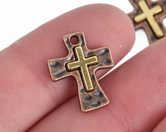 5 Cross Relic Charms, Copper Hammered Cross with Gold Cross, 17mm, chs3851