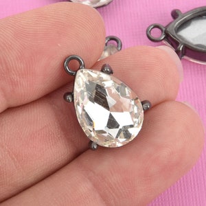 2 Rhinestone Teardrop Drop Charm Pendants, gunmetal bezel setting, faceted crystal glass, 3/4&quot; long, chs4778