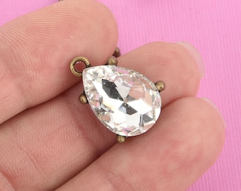 2 Rhinestone Teardrop Drop Charm Pendants, bronze bezel setting, faceted crystal glass, 3/4" long, chs4779