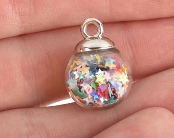 5 Glass Ball Charms, round globe glass vial with sparkly rainbow confetti stars, 22x16mm, chs3217