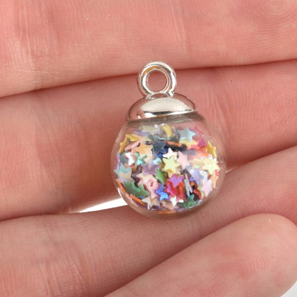 5 Glass Ball Charms, round globe glass vial with sparkly rainbow confetti stars, 22x16mm, chs3217