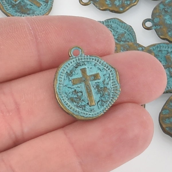 5 Bronze Coin Relic Charm Pendants, Cross with wax seal, blue verdigris patina 22mm, chs5674