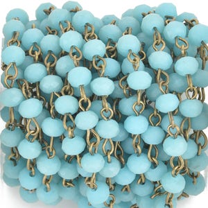 13 feet Matte TURQUOISE BLUE Crystal Rondelle Rosary Chain, bronze, 6mm faceted frosted rondelle glass beads, fch0671b