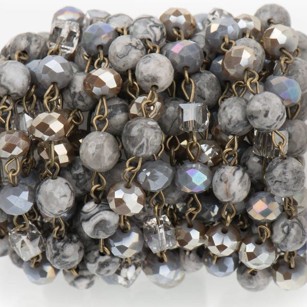 1 yard 8mm Gemstone Crystal Rosary Chain, Grey Picture Jasper, Crystal Cube and Rondelle Beads, bronze, fch0720a