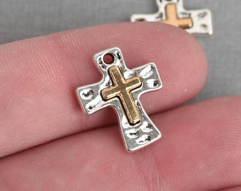 5 Cross Relic Charms, Silver Hammered Cross with Gold Cross, 17mm, chs3853