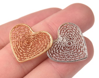 Lace FILIGREE HEART Charms, 2 of Gold or Silver, Dream Catcher Woven 21mm