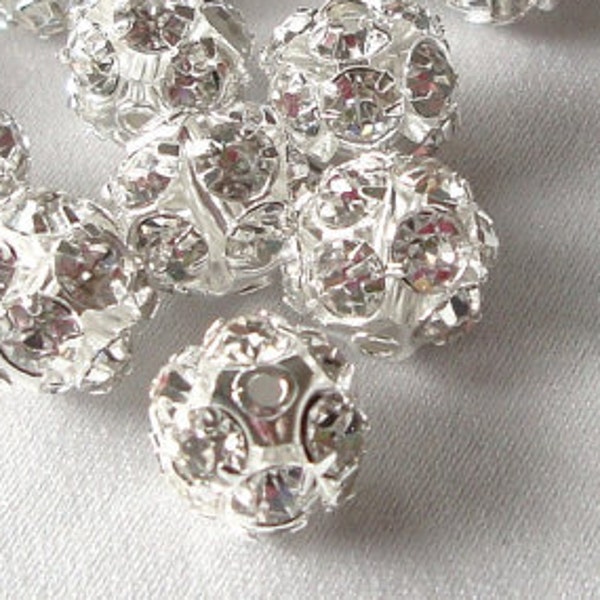 10 Silver and Crystal Rhinestone Disco Ball Spacer Beads 10mm  Fireball  bme0020