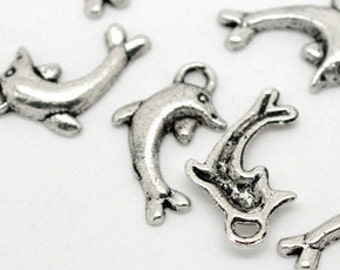 10 Silver Tibetan Style Metal DOLPHIN Charm Pendants . 19mm x 11mm   chs0787