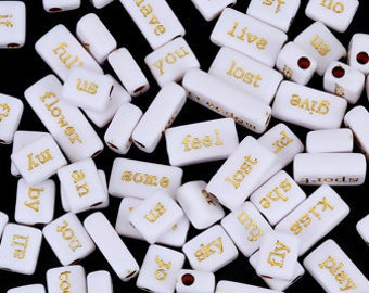 Word Phrase Acrylic Beads, Rectangle, white with gold letters, x50 beads, bac0414