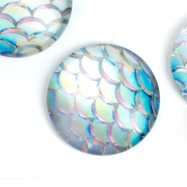 10 MERMAID Fish Scales Glass Dome Cabochons, Iridescent Blue Green, Round Glass Dome Seals Cabochons, 20mm  (about 3/4" diameter), cab0476