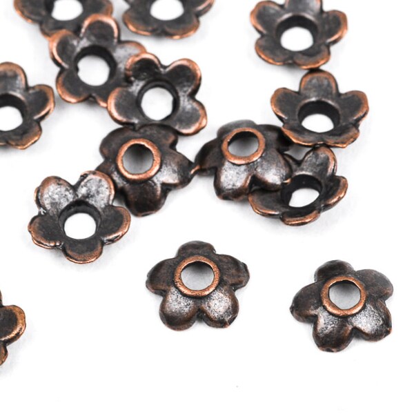 50 Antiqued COPPER Flower Bead Caps Findings, fits 6mm beads and larger, fin0480