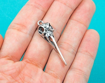 4 Silver BIRD SKULL Charm Pendants for Halloween, Gothic Raven, Metal, 39mm x 11mm chs0113