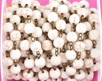 1 yard WHITE Howlite Rosary Chain, bronze links, 8mm round stone beads, fch0613a
