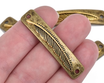 5 FEATHER Bracelet Connector Links, bronze base with gold feather, curved bracelet charms, 48x10mm, chb0500