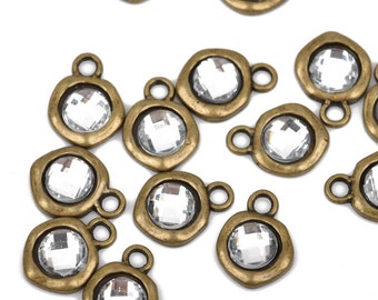 10 Bronze Rhinestone Drop Charms, 10mm asymmetrical circle with faceted rhinestone embedded in center, chb0463a