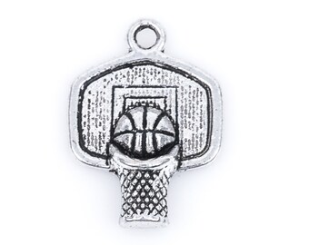 10 Antique Silver BASKETBALL and HOOP Charm Pendants  chs1384