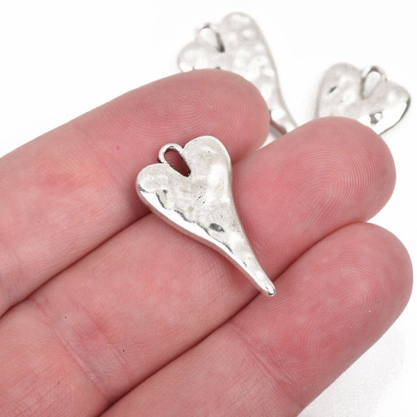5 HEART Charm Pendants, hammered silver metal, stylized elongated heart, 27x14mm, 1-1/8" long, chs2853