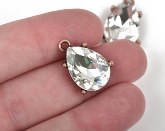 2 Rhinestone Teardrop Drop Charm Pendants, copper bezel setting, faceted crystal glass, 3/4" long, chc0051