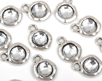 10 Silver Rhinestone Drop Charms, 10mm asymmetrical circle with faceted rhinestone embedded in center, chs2543a