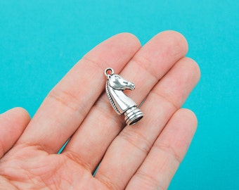 4 Silver Tone 3D CHESS KNIGHT Horse Charms Pendant Findings 27mm chs0071