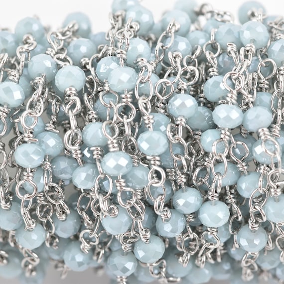 1 yard LIGHT BLUE Crystal Rosary Bead Chain, silver double wrapped wire, 4mm faceted rondelle glass beads, fch0632a