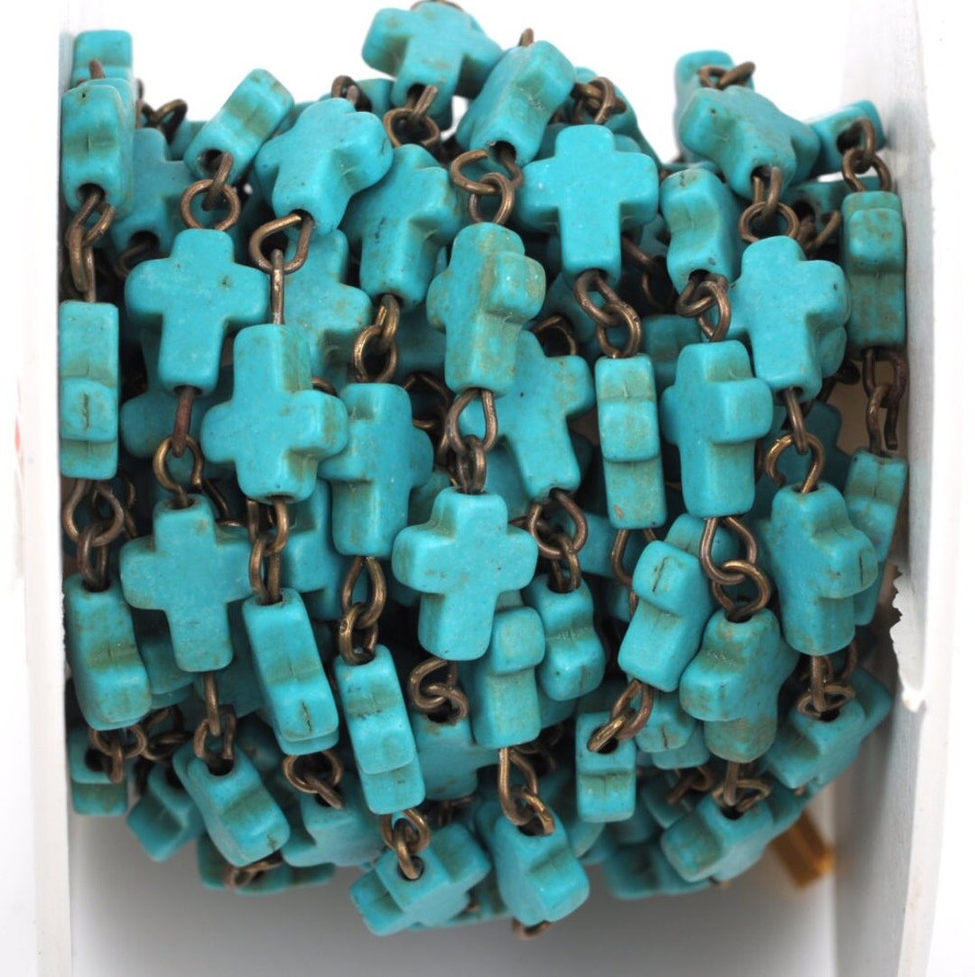 TURQUOISE HOWLITE CROSS Bead Rosary Chain, Gemstone Chain, Bronze Gold ...