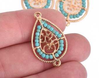 2 Gold Teardrop Filigree Charms, TURQUOISE BLUE Crystal Beads, Connector Link, 1.25" long, chs4018