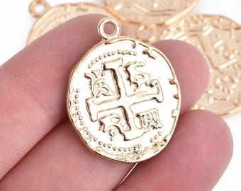 Light Gold Coin Relic Charm Pendants, round coin charms, gold plated metal, double sided design, 30x25mm, chs4116
