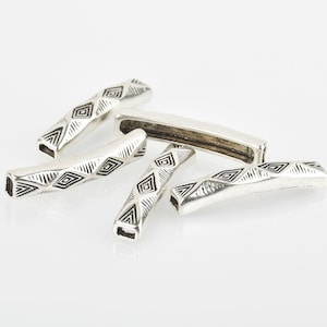 2 Silver Tube Beads, Stamped Diamond Pattern, Curved Bracelet Bead, 1-1/2&quot; bme0540