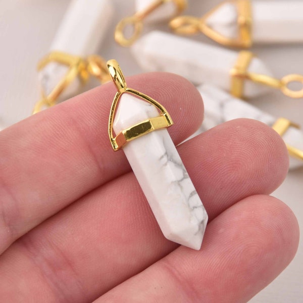 1 White Howlite Charm, Gemstone Point Pendant, gold trim, 1.5", chs8116