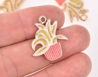 5 SUCCULENT CACTUS Charms, Pink Enamel Floral Charms, Potted Plant Charms, chs7789