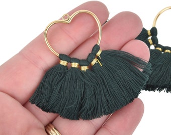 2 Large Tassel Charms Gold HEART with GREEN Fringe Tassels 75x55mm chs5209