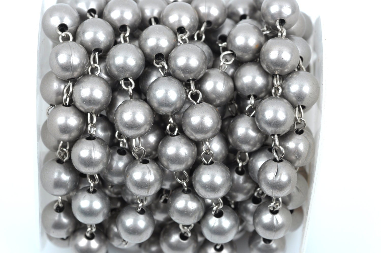Stainless Steel Silver-Tone Black Rubber Rosary Beads Necklace
