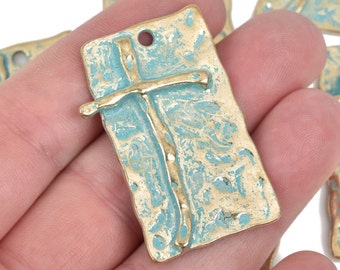 2 Large CROSS Charm Pendants, light gold base with soldered cross, blue green verdigris patina, rustic hammered metal, 42x26mm, chg0484