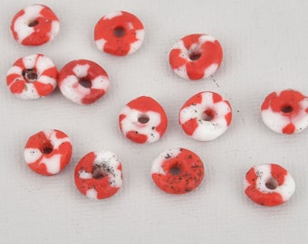 10mm to 12mm Red White Glass Rondelle African Trade Beads Recycled Glass x25 beads bgl1895
