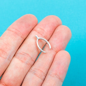 May include: A silver wishbone charm, a symbol of good luck, is held in a hand against a blue background.