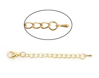 10 Necklace Bracelet Extension Chains, about 3" long, gold plated metal, curb link extender chain with finial and clasp, fch0845