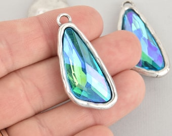 Blue Iridescent Rhinestone Drop Charm, Wing Crystal Glass in Silver Tone Bezel, 41x19mm, chs6185