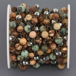 1 yard GEMSTONE CRYSTAL Rosary Chain, bronze, African Turquoise, Picture Jasper, Agate, 6mm faceted round & rondelle beads fch0687a