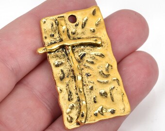 2 Large CROSS Charm Pendants, gold oxidized base with soldered cross, rustic hammered metal, 42x26mm, chg0436