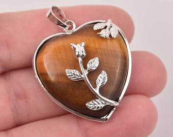 1 Tiger Eye Heart Charm, Gemstone with silver, 32mm, chs7969
