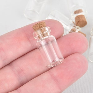 10 Tiny Glass Bottles Vials, 2.8cm tall, potion jars, 28mm x 13mm, cork included, fin0724