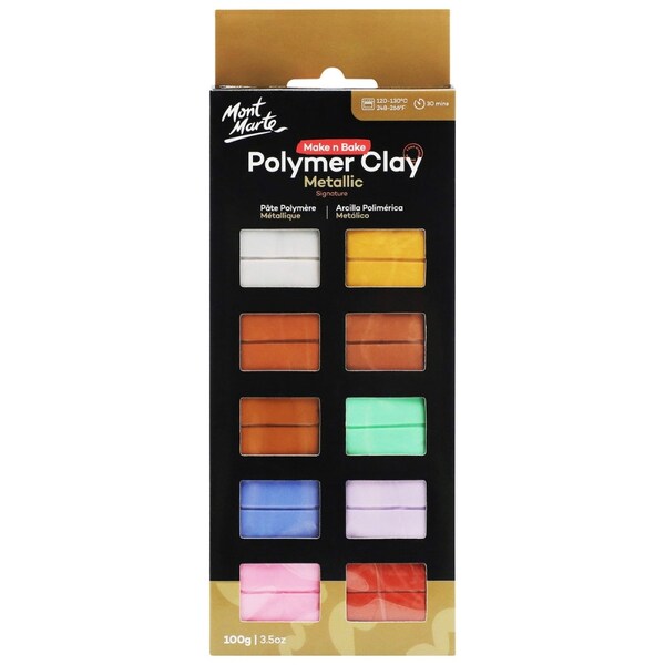 Metallic Polymer Clay 10pc - Make n Bake Metallic Colors, Silver, Copper, Bronze, Gold, Rose Gold Mont Marte, 3.5oz cla0063