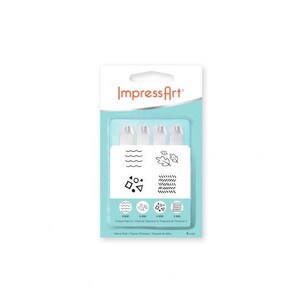 May include: A package of ImpressArt texture stamps. The package is white and teal with the ImpressArt logo. The stamps have various designs, including waves, leaves, geometric shapes, and a textured pattern. The package includes 4 stamps.