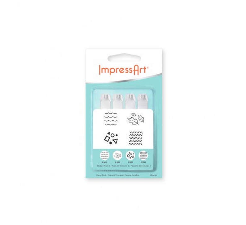 May include: A package of ImpressArt texture stamps. The package is white and teal with the ImpressArt logo. The stamps have various designs, including waves, leaves, geometric shapes, and a textured pattern. The package includes 4 stamps.