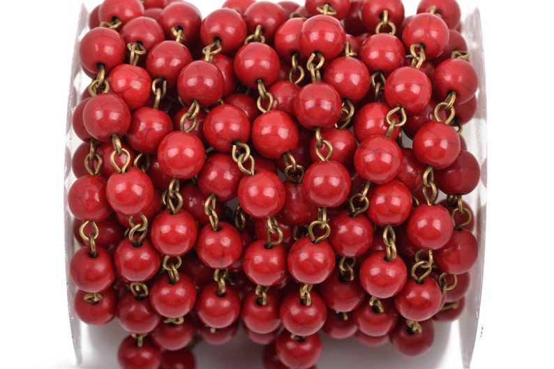 bronze 8mm round stone beads 1 yard RED Howlite Rosary Chain fch0491a